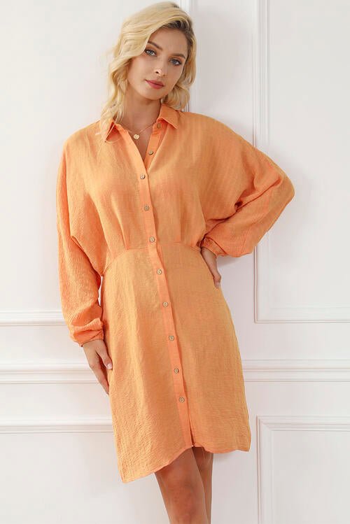 The Sienna Texture Button Up Balloon Sleeve Shirt Dress - PEONIES & LIME