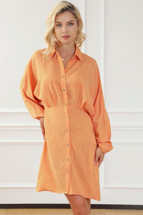 The Sienna Texture Button Up Balloon Sleeve Shirt Dress - PEONIES & LIME