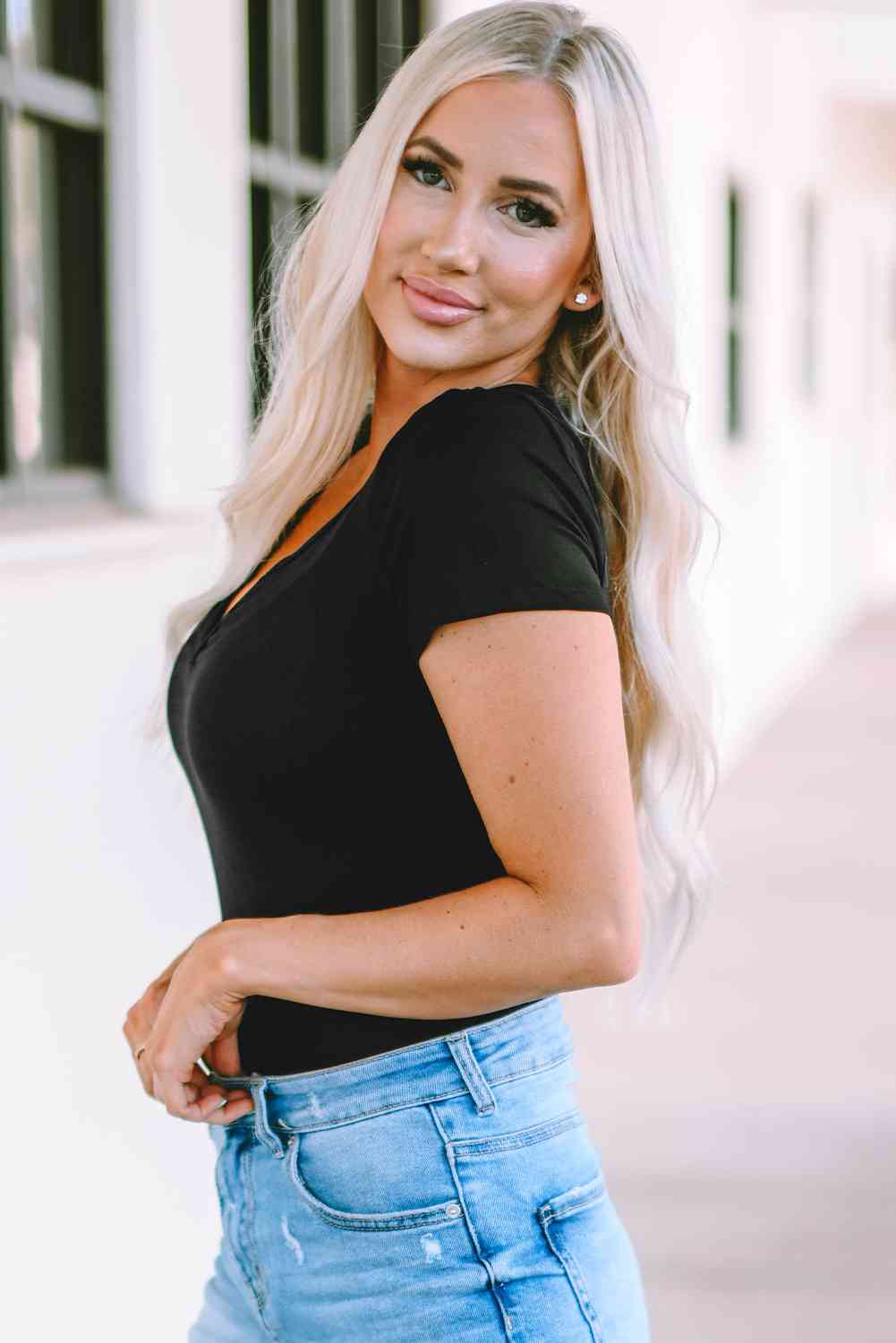 The Tasha Notched Short Sleeve Bodysuit - PEONIES & LIME