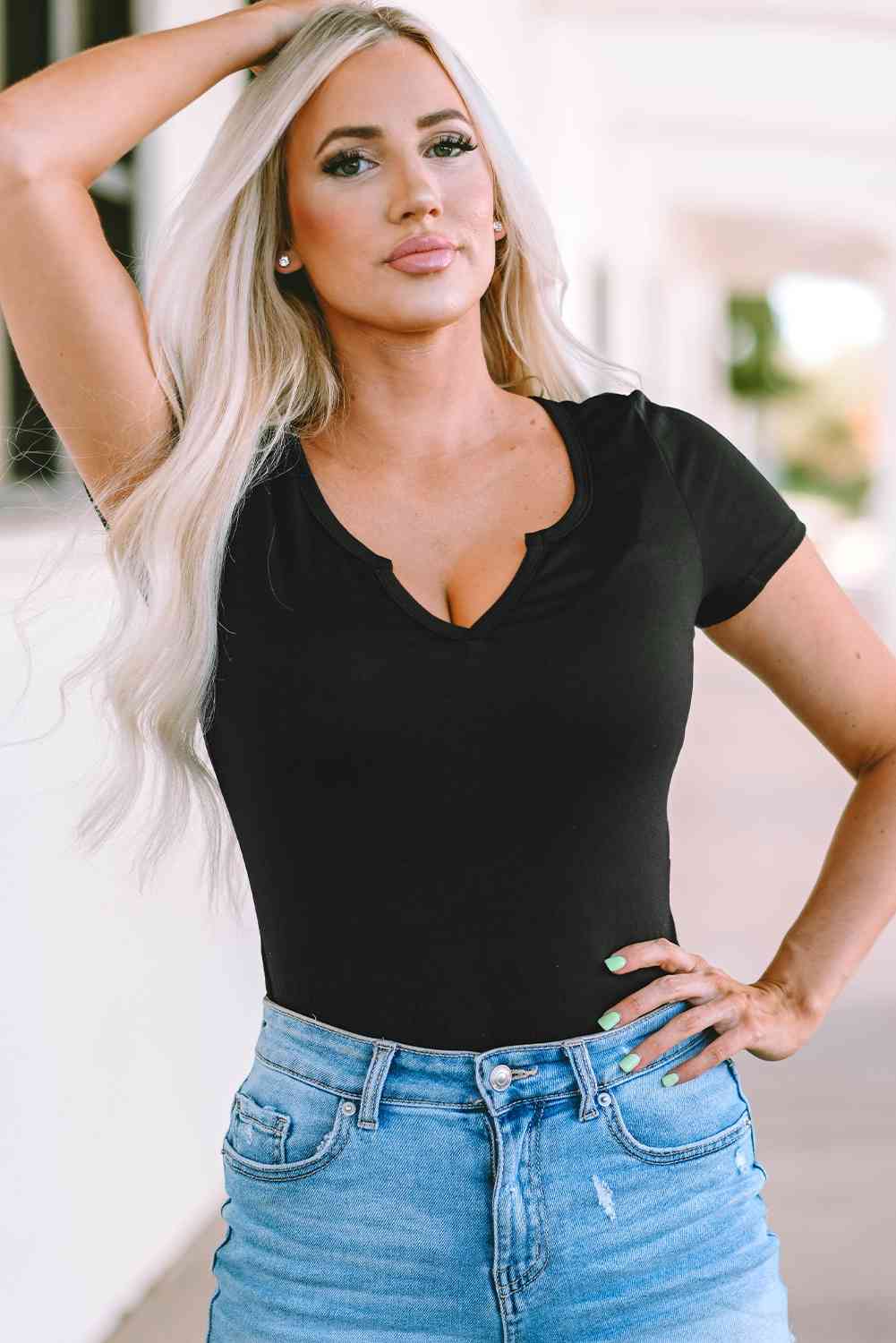 The Tasha Notched Short Sleeve Bodysuit - PEONIES & LIME