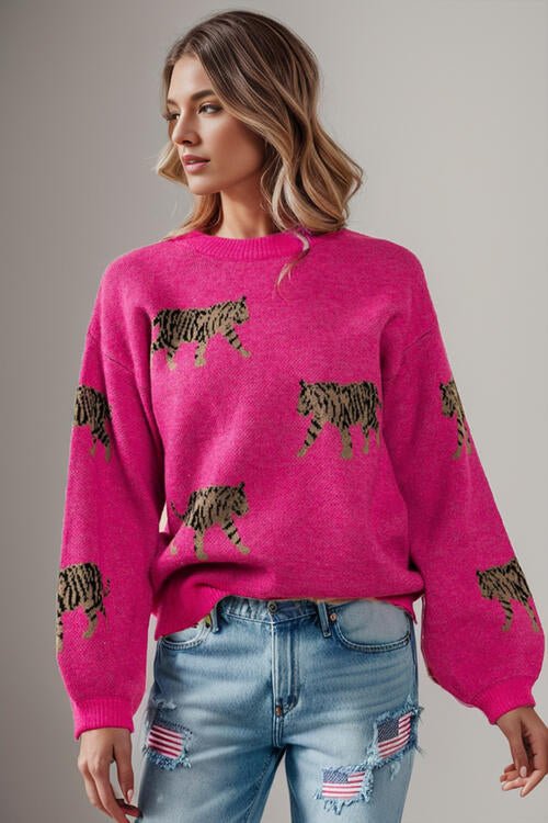 The Tess Tiger Pattern Round Neck Drop Shoulder Sweater - PEONIES & LIME