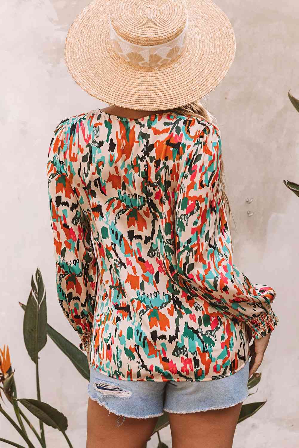 The Tilly Multicolored V-Neck Lantern Sleeve Shirt - PEONIES & LIME