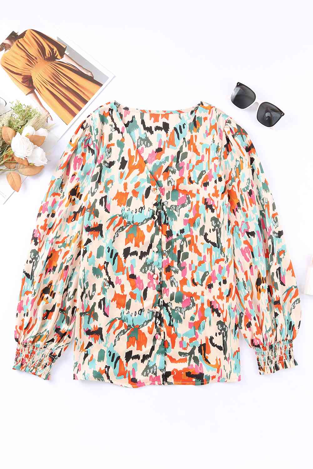 The Tilly Multicolored V-Neck Lantern Sleeve Shirt - PEONIES & LIME