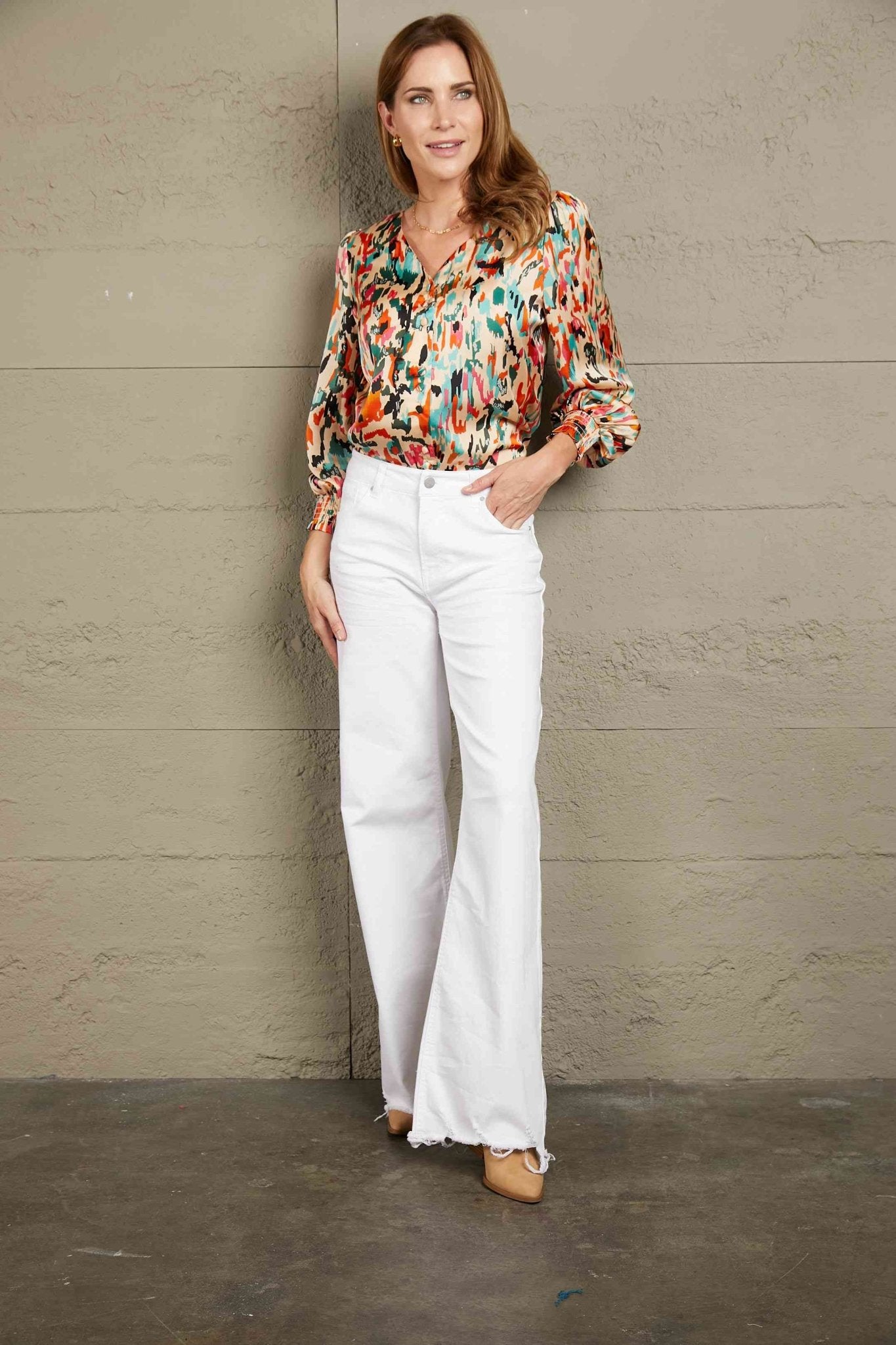 The Tilly Multicolored V-Neck Lantern Sleeve Shirt - PEONIES & LIME
