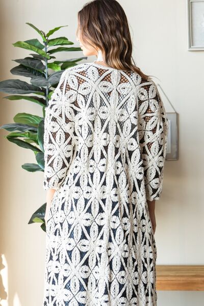 Veveret Geometric Open Front Three-Quarter Sleeve Cardigan - PEONIES & LIME