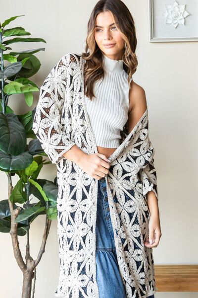 Veveret Geometric Open Front Three-Quarter Sleeve Cardigan - PEONIES & LIME