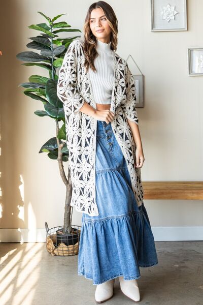 Veveret Geometric Open Front Three-Quarter Sleeve Cardigan - PEONIES & LIME