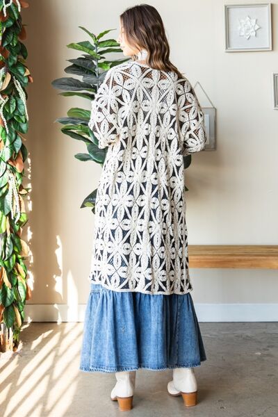 Veveret Geometric Open Front Three-Quarter Sleeve Cardigan - PEONIES & LIME