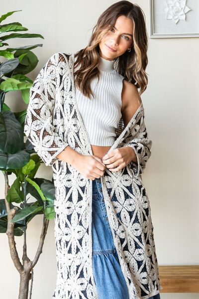 Veveret Geometric Open Front Three-Quarter Sleeve Cardigan - PEONIES & LIME