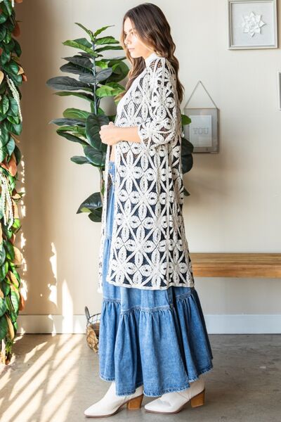 Veveret Geometric Open Front Three-Quarter Sleeve Cardigan - PEONIES & LIME