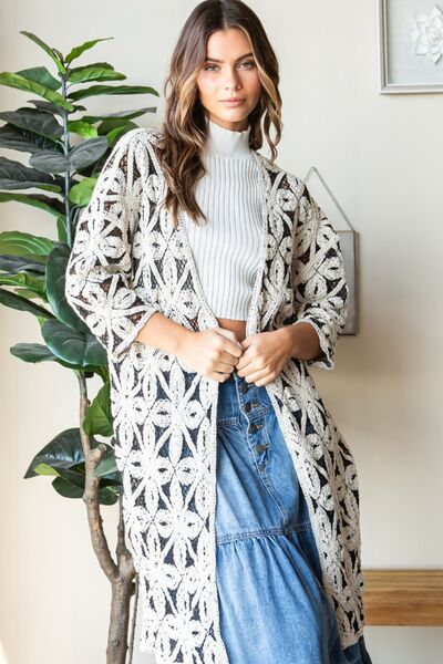 Veveret Geometric Open Front Three-Quarter Sleeve Cardigan - PEONIES & LIME