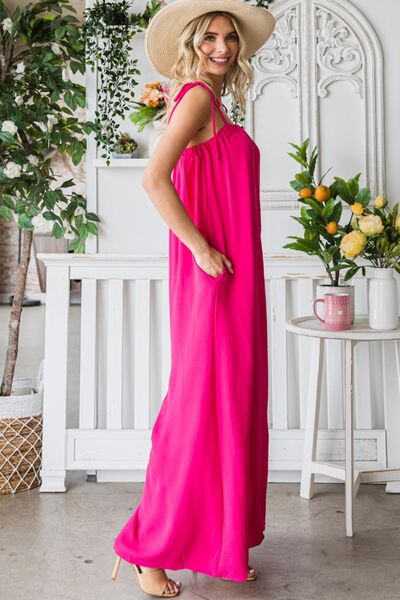 Veveret Pocketed Spaghetti Strap Wide Leg Jumpsuit - PEONIES & LIME