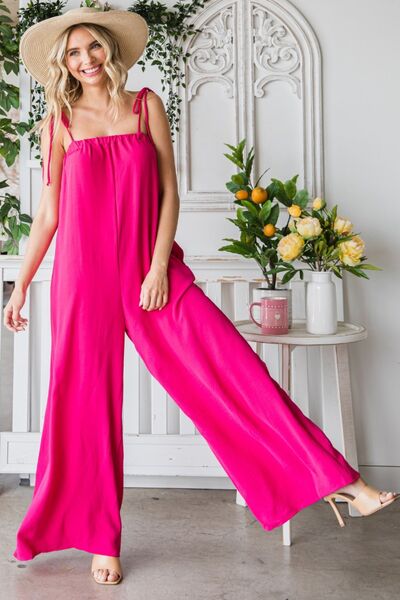 Veveret Pocketed Spaghetti Strap Wide Leg Jumpsuit - PEONIES & LIME