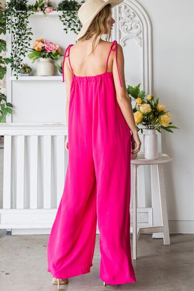 Veveret Pocketed Spaghetti Strap Wide Leg Jumpsuit - PEONIES & LIME