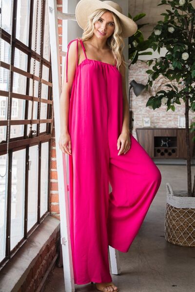 Veveret Pocketed Spaghetti Strap Wide Leg Jumpsuit - PEONIES & LIME