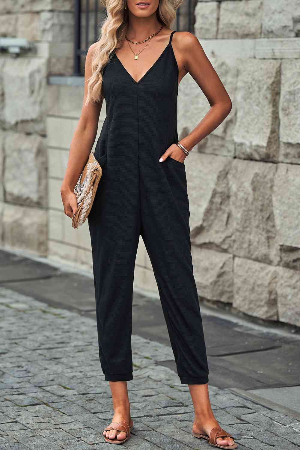 The Blake Spaghetti Strap Deep V Jumpsuit with Pockets