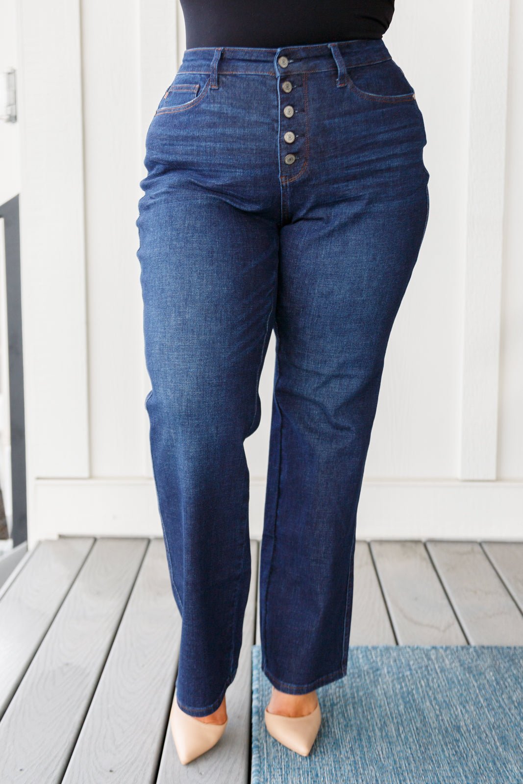 Arlo High Rise Button-Fly Straight Jeans - PEONIES & LIME