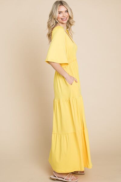 Culture Code Backless Plunge Half Sleeve Tiered Dress - PEONIES & LIME