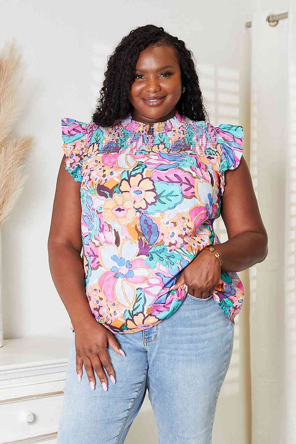 Double Take Floral Smocked Flutter Sleeve Top - PEONIES & LIME