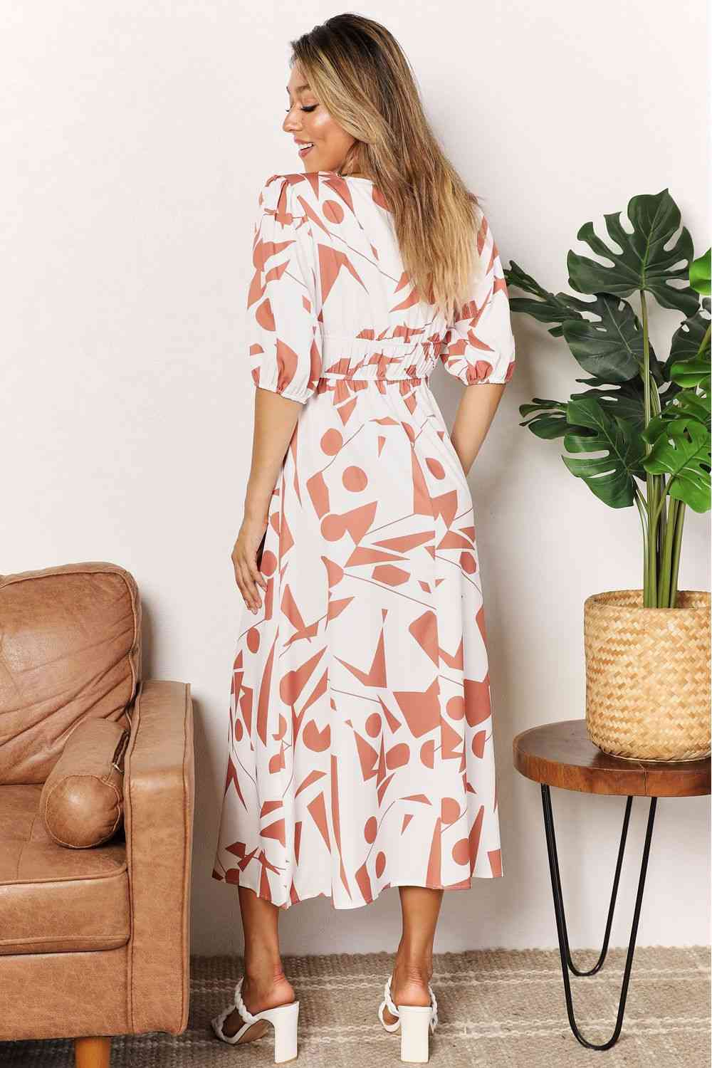 Double Take Printed Surplice Balloon Sleeve Dress - PEONIES & LIME