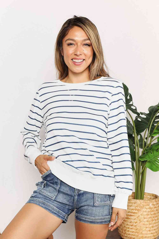 Double Take Striped Long Sleeve Round Neck Top - PEONIES & LIME