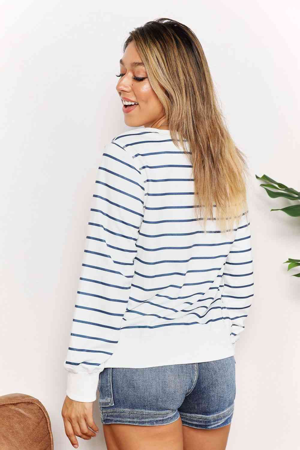 Double Take Striped Long Sleeve Round Neck Top - PEONIES & LIME