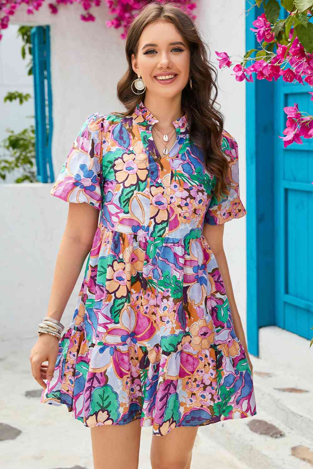 Floral Notched Neck Ruffle Hem Dress - PEONIES & LIME