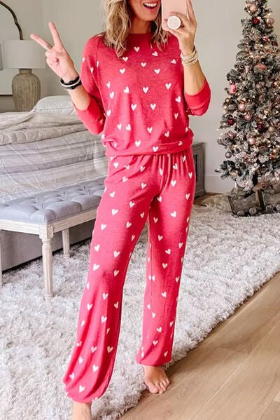 Heart Round Neck Top and Pants Set - PEONIES & LIME