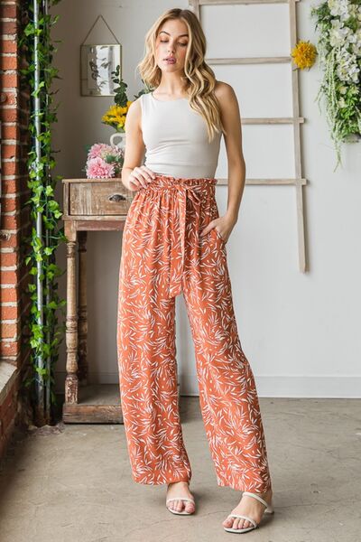Heimish Full Size Printed Tied Straight Casual Pants - PEONIES & LIME