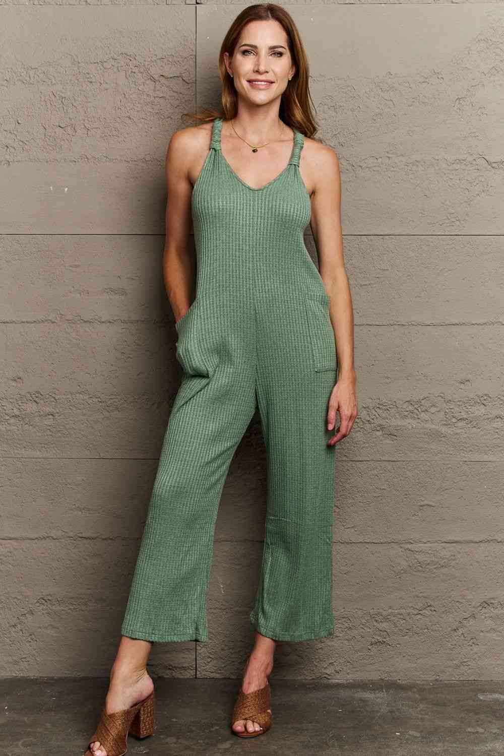 HEYSON Don't Get It Twisted Full Size Rib Knit Jumpsuit - PEONIES & LIME