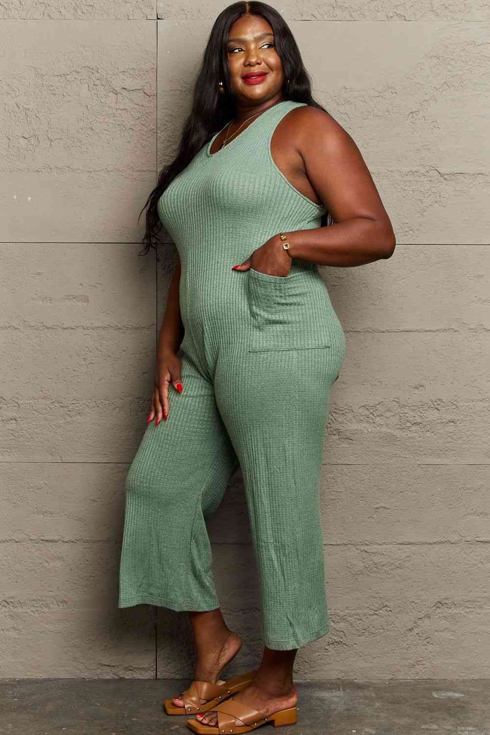 HEYSON Don't Get It Twisted Full Size Rib Knit Jumpsuit - PEONIES & LIME