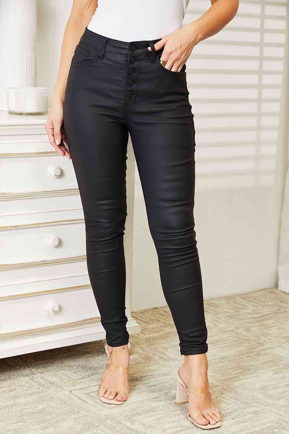 High Rise Black Coated Ankle Skinny Jeans - PEONIES & LIME