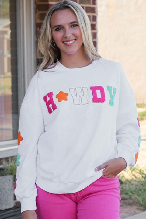 HOWDY Graphic Round Neck Sweatshirt - PEONIES & LIME