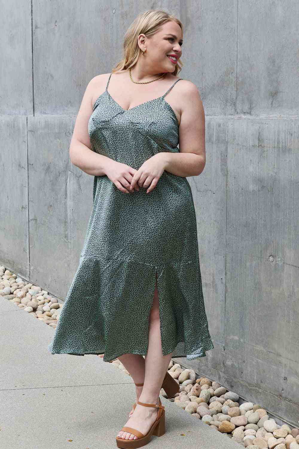 Jade By Jane Wild Thing Full Size Satin Midi Slit Dress - PEONIES & LIME