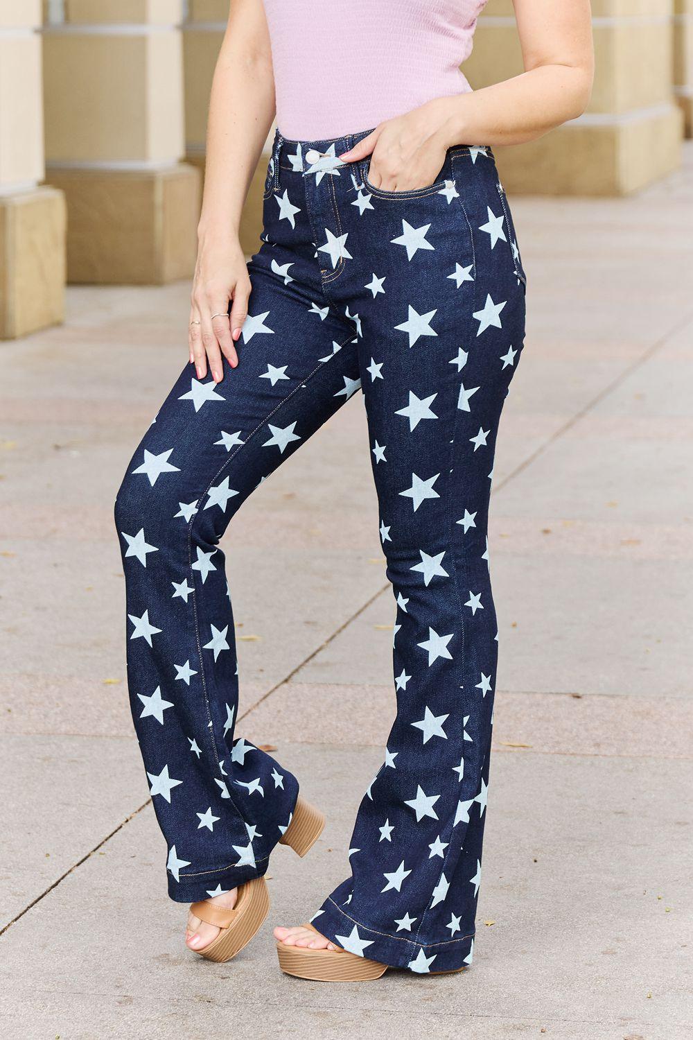 Judy Blue Janelle Full Size High Waist Star Print Flare Jeans - PEONIES & LIME