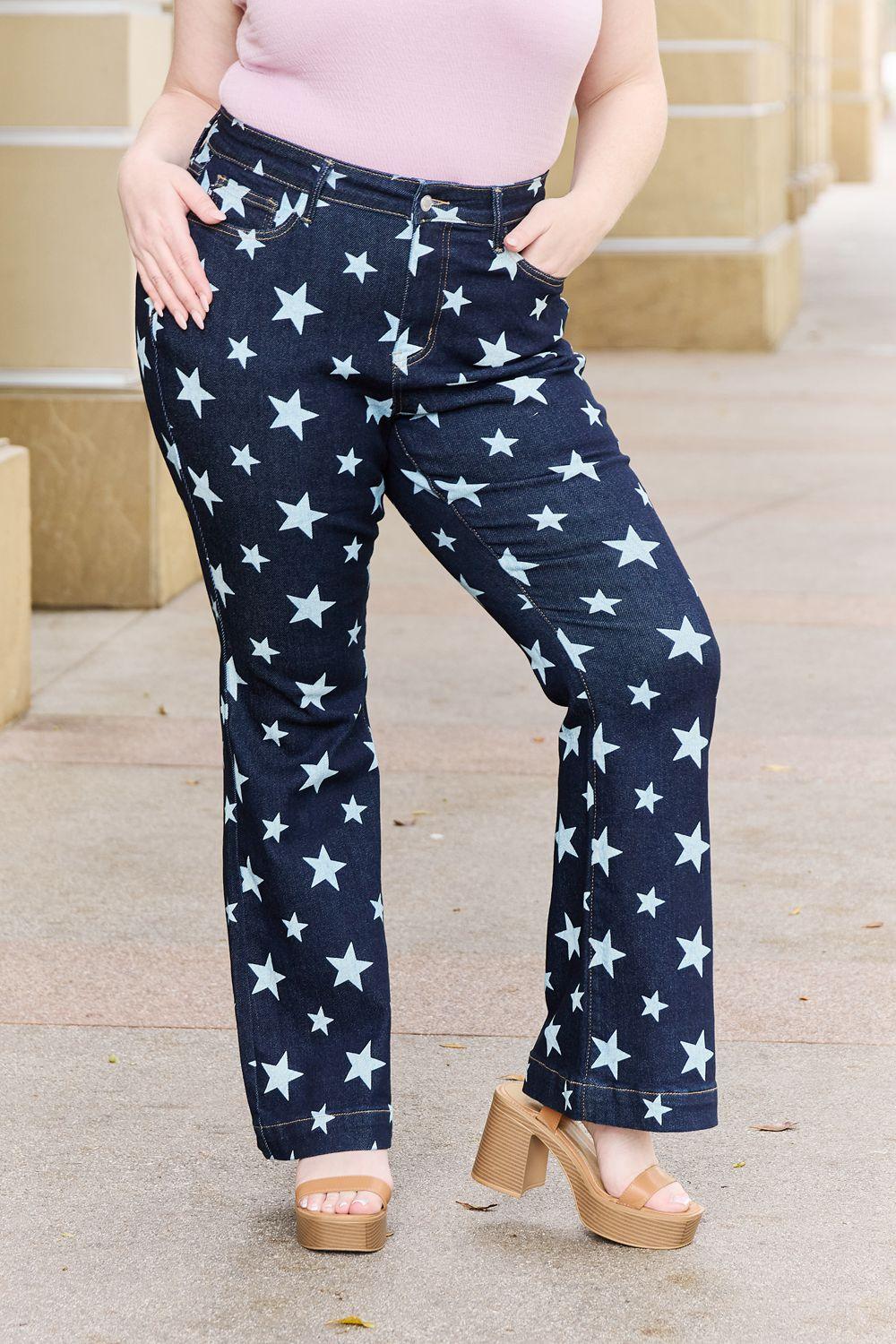 Judy Blue Janelle Full Size High Waist Star Print Flare Jeans - PEONIES & LIME