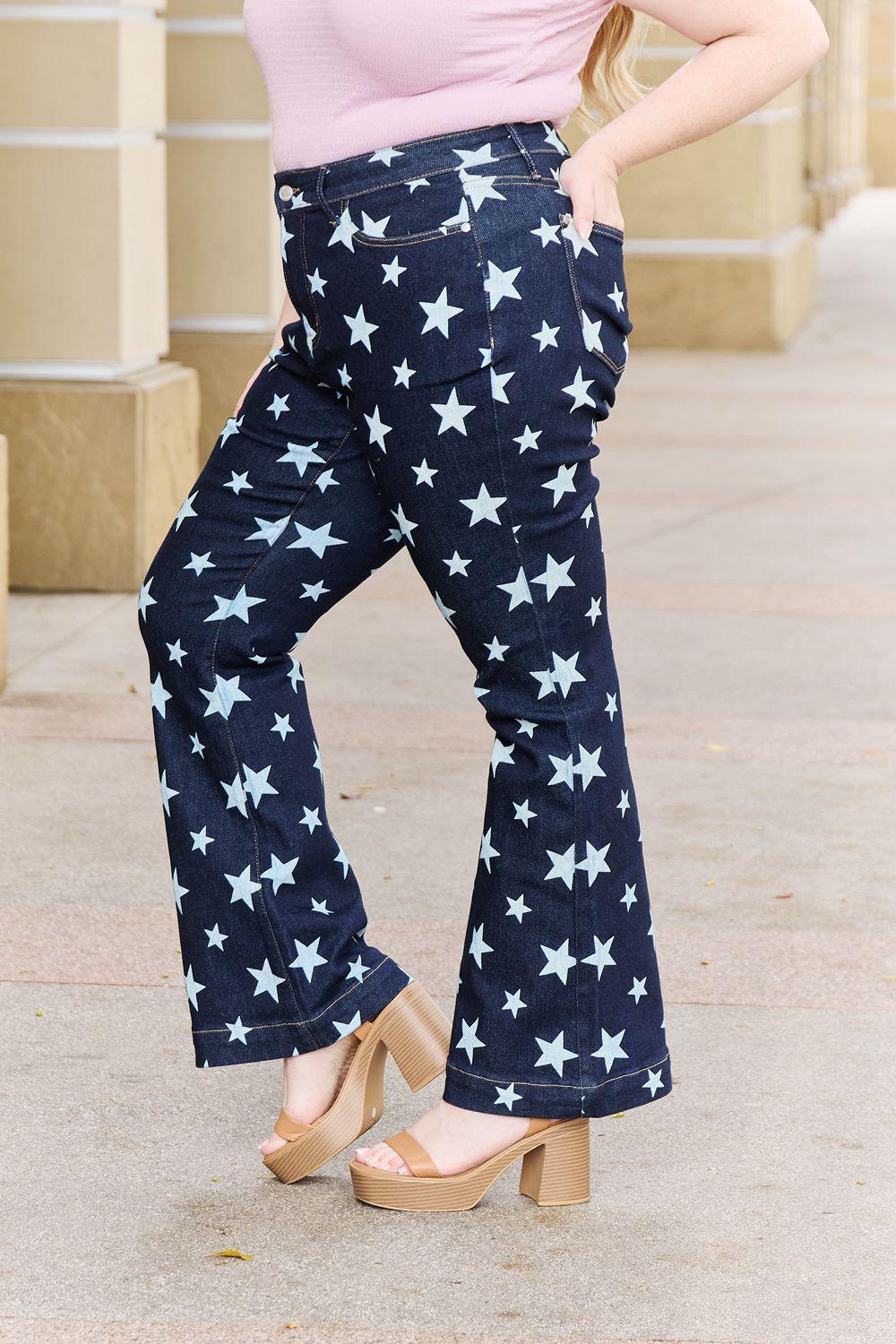 Judy Blue Janelle Full Size High Waist Star Print Flare Jeans - PEONIES & LIME