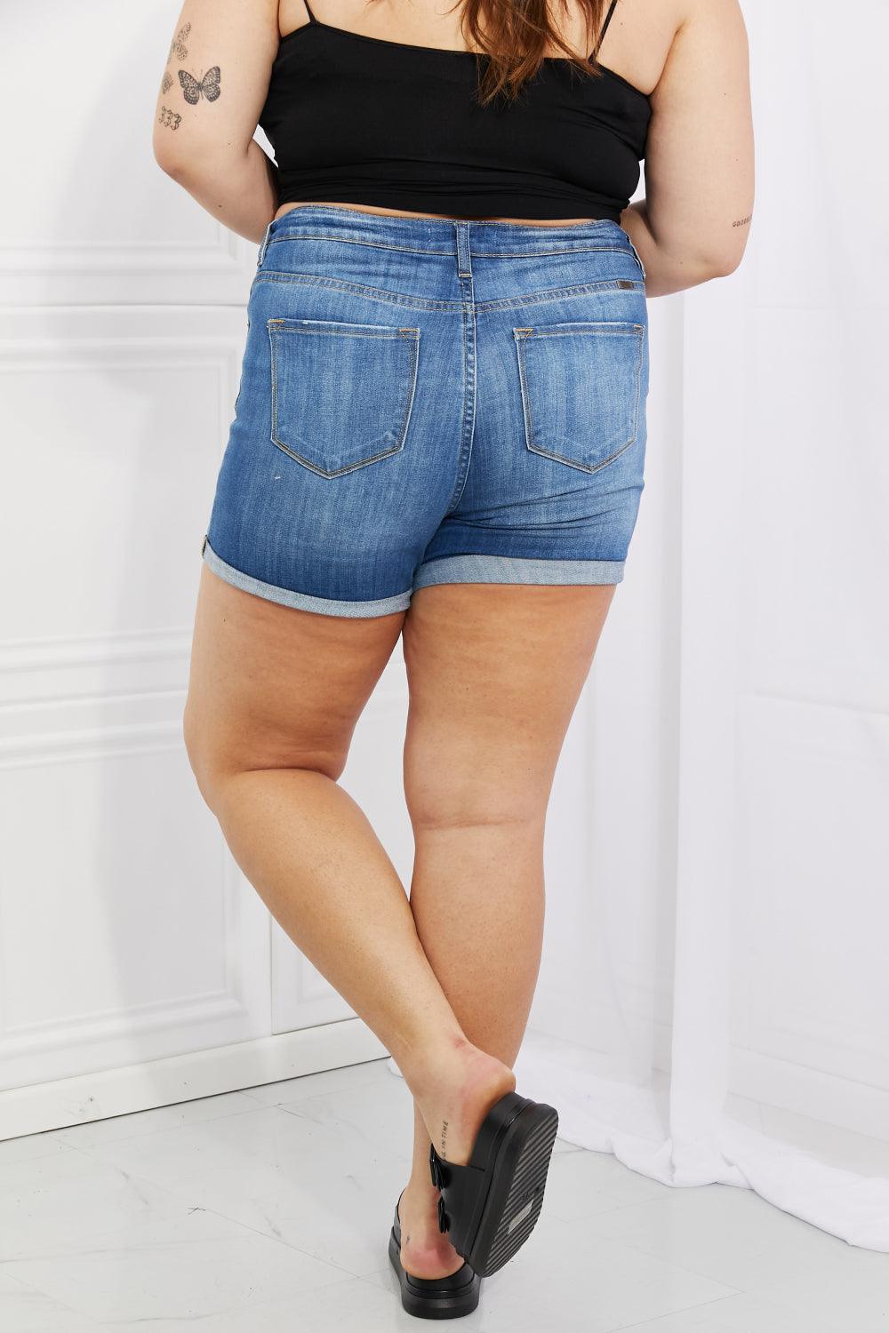 Kancan Full Size High Rise Medium Stone Wash Denim Shorts - PEONIES & LIME