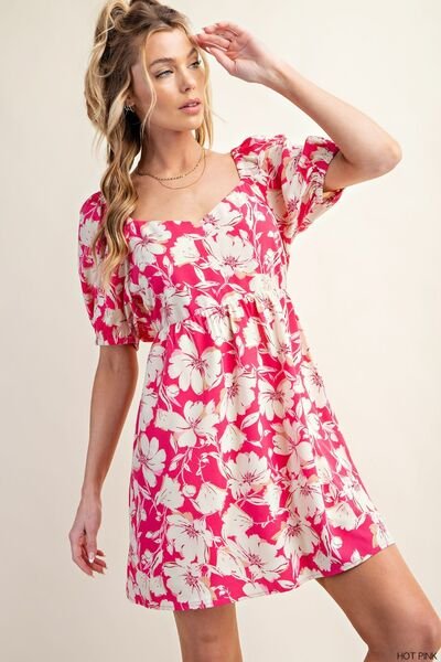 Kori America Floral Short Sleeve Mini Dress - PEONIES & LIME