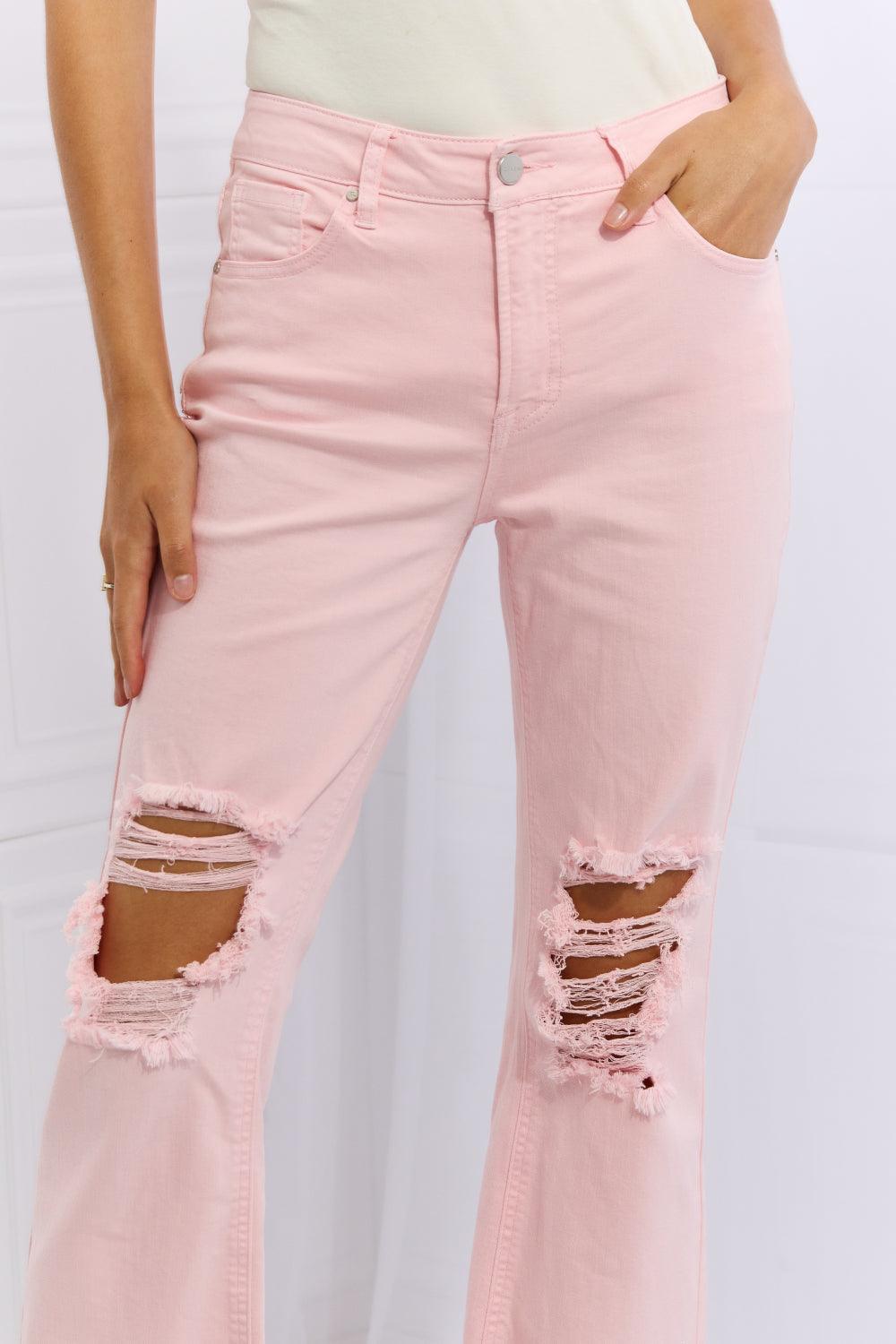 RISEN Miley Full Size Distressed Ankle Flare Jeans - PEONIES & LIME