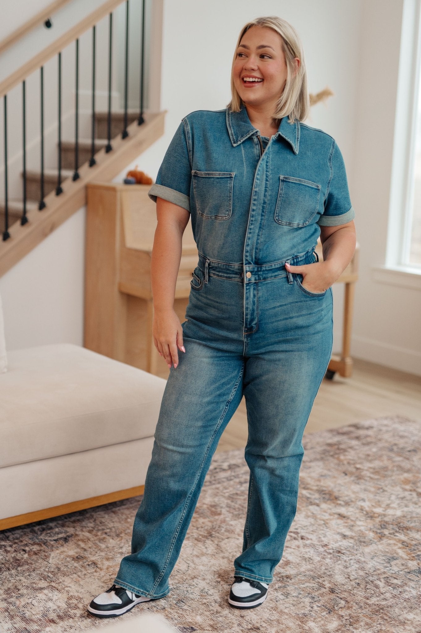 Sylvia Short Sleeve Denim Jumpsuit - PEONIES & LIME