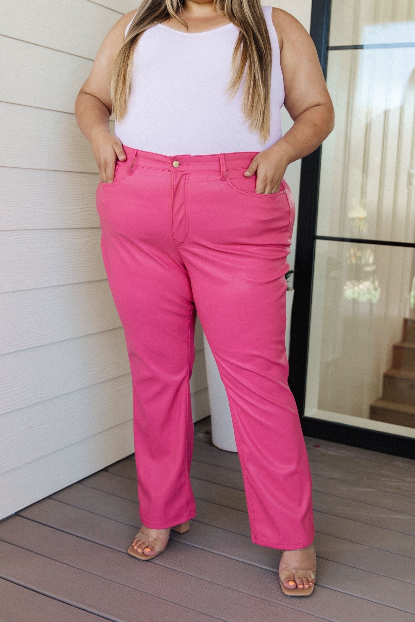 Tanya Control Top Faux Leather Pants in Hot Pink - PEONIES & LIME