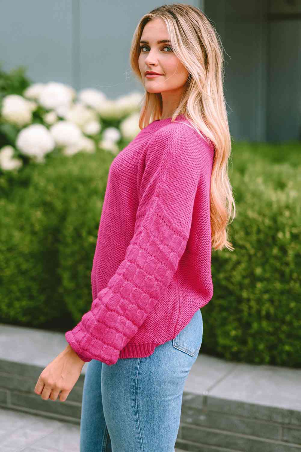 The Alaina Round Neck Dropped Shoulder Waffle-Knit Sweater - PEONIES & LIME