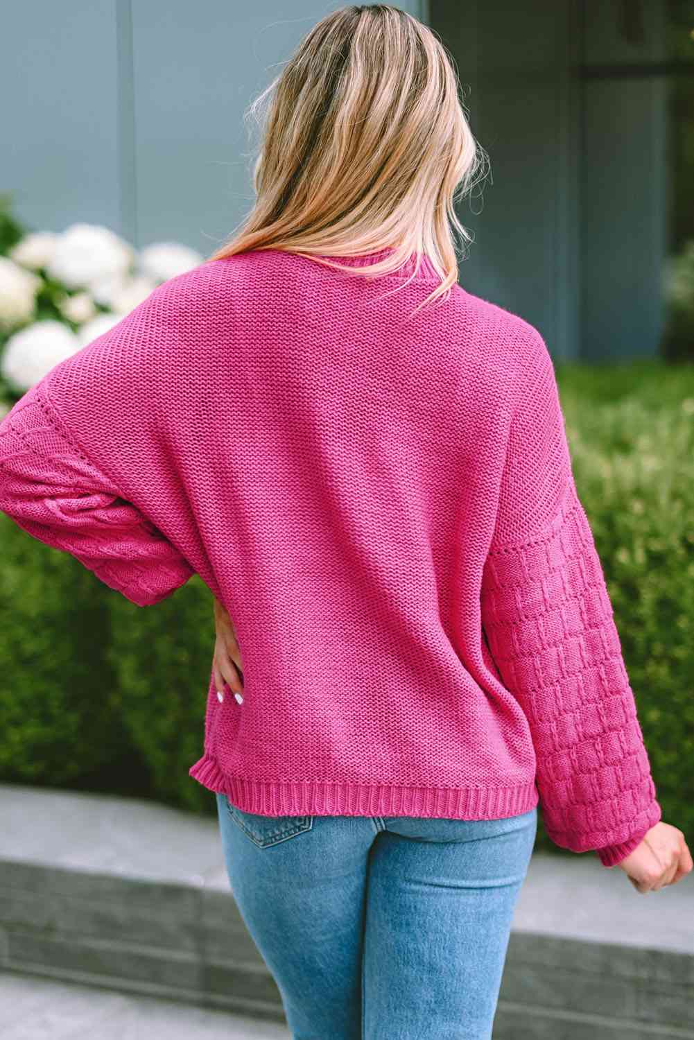 The Alaina Round Neck Dropped Shoulder Waffle-Knit Sweater - PEONIES & LIME