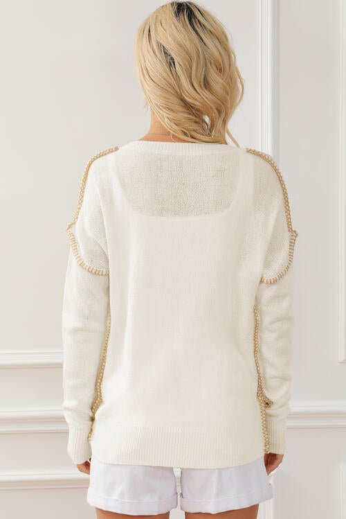 The Anika Exposed Seam Round Neck Long Sleeve Sweater - PEONIES & LIME
