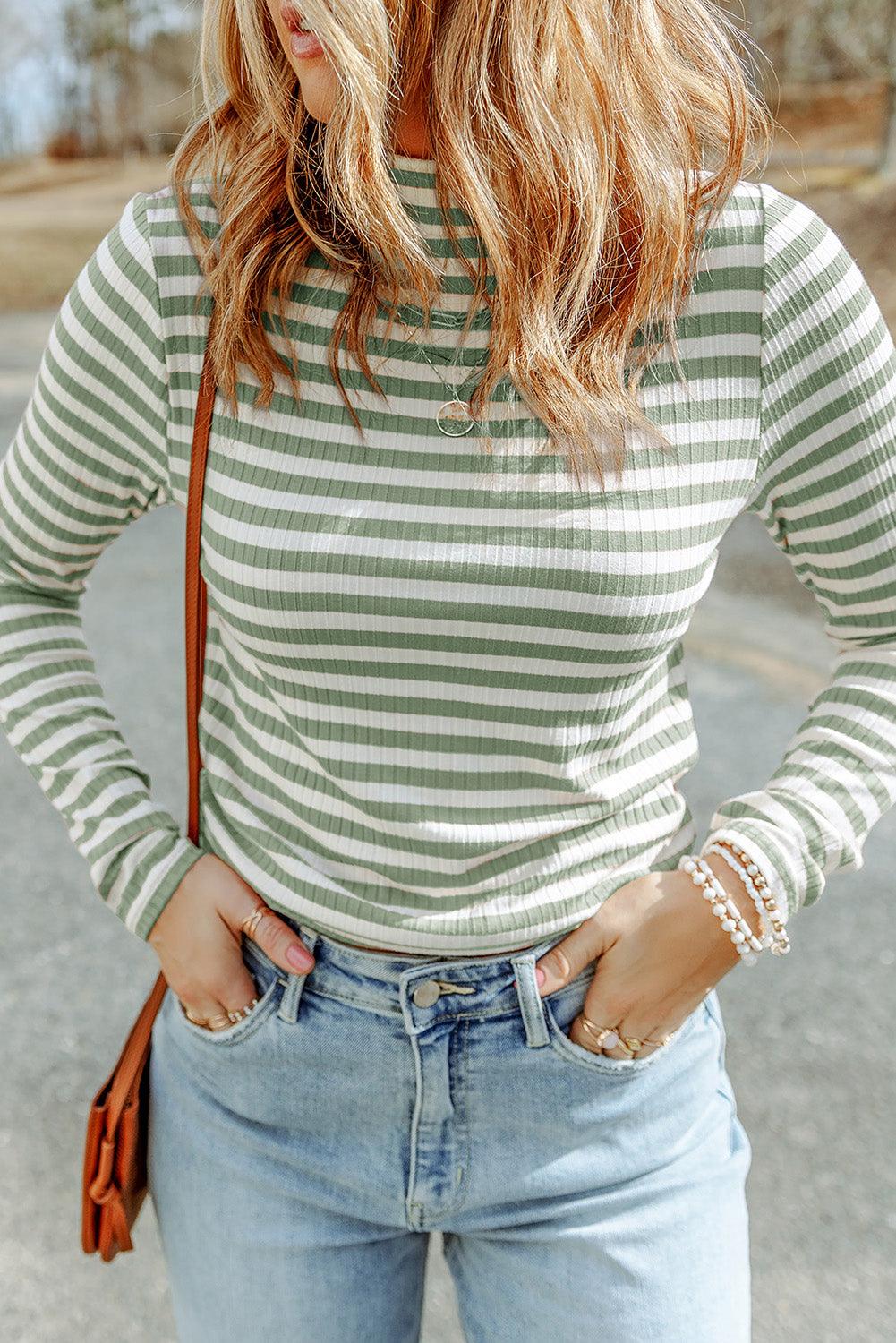 The Bailey Striped Mock Neck Long Sleeve Top - PEONIES & LIME