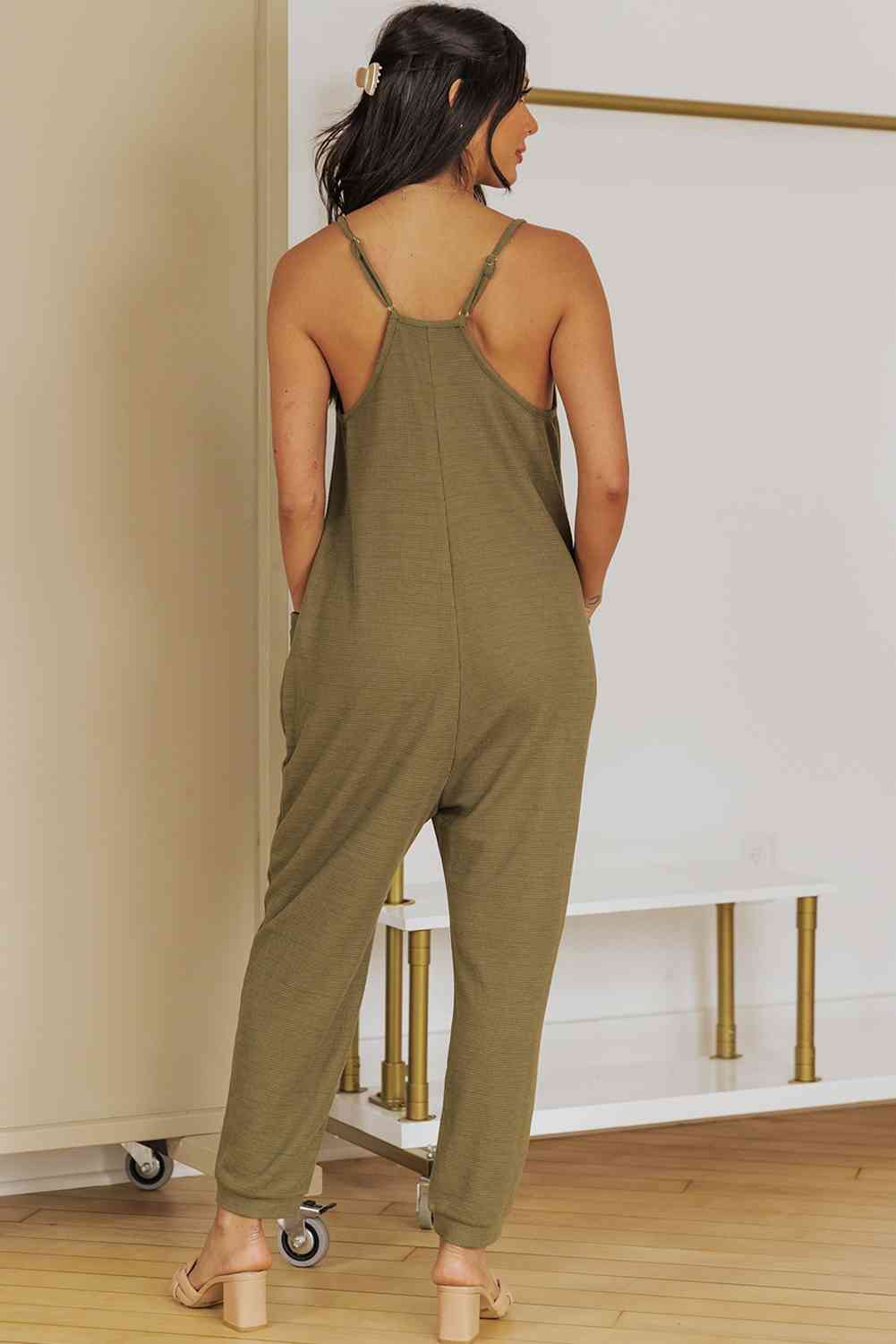 The Blake Spaghetti Strap Deep V Jumpsuit with Pockets - PEONIES & LIME