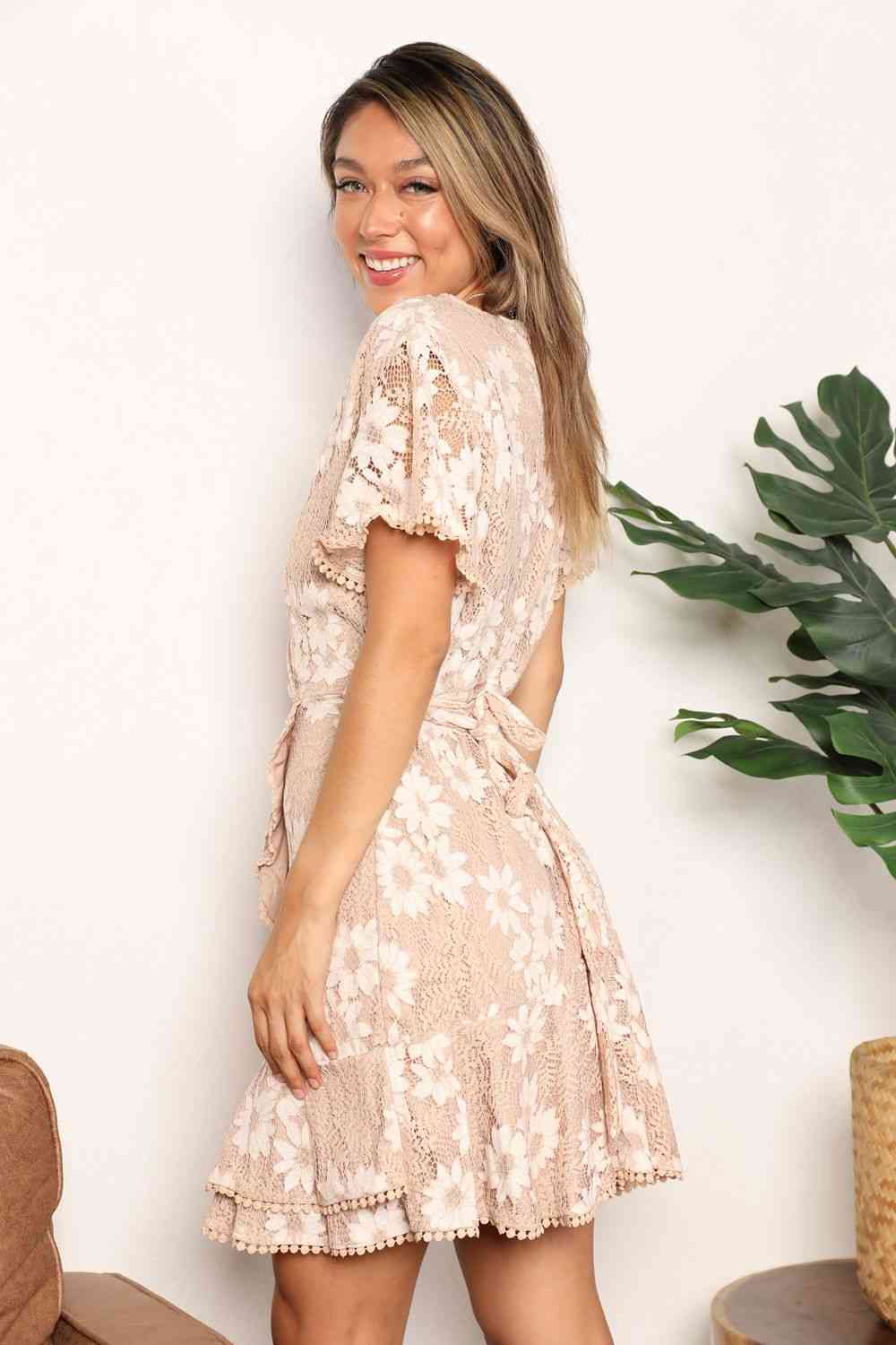 The Brynlee Floral Lace Pompom Detail Tie-Waist Flutter Sleeve Dress - PEONIES & LIME