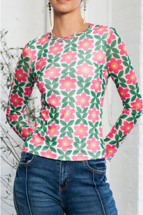 The Cassandra Floral Round Neck Top - PEONIES & LIME