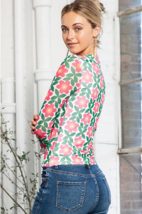 The Cassandra Floral Round Neck Top - PEONIES & LIME